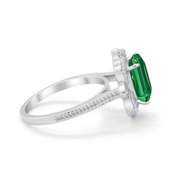 Halo Emerald Cut Engagement Ring Simulated Green Emerald CZ 925 Sterling Silver